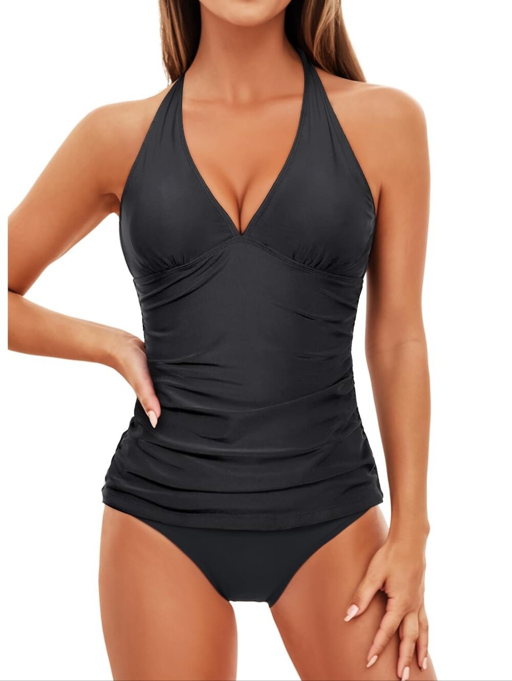 Flattering Classic Halter Black Tankini Swim Set Coverage Women's, L